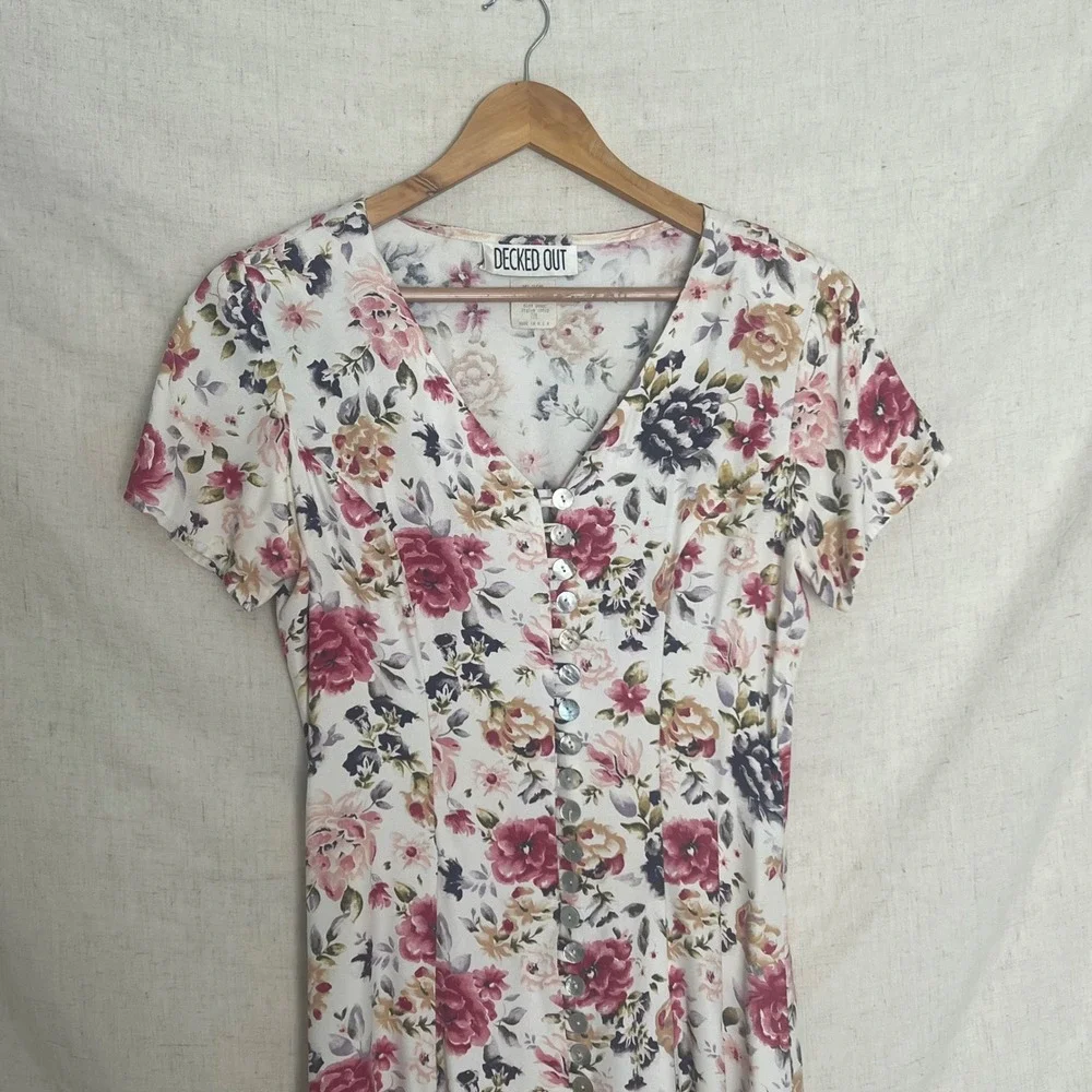 Vintage Decked Out Floral Midi Dress Cottagecore Button Front Women's Size 7/8 - Picture 3 of 9